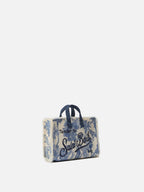 Borsa Phone micro in canvas con stampa toile de jouy azzurro e logo a contrasto