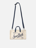 Borsa Phone micro in canvas bianco con dettagli blu e logo a contrasto