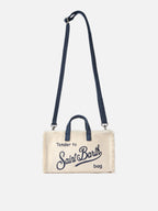 Borsa Phone micro in canvas bianco con dettagli blu e logo a contrasto