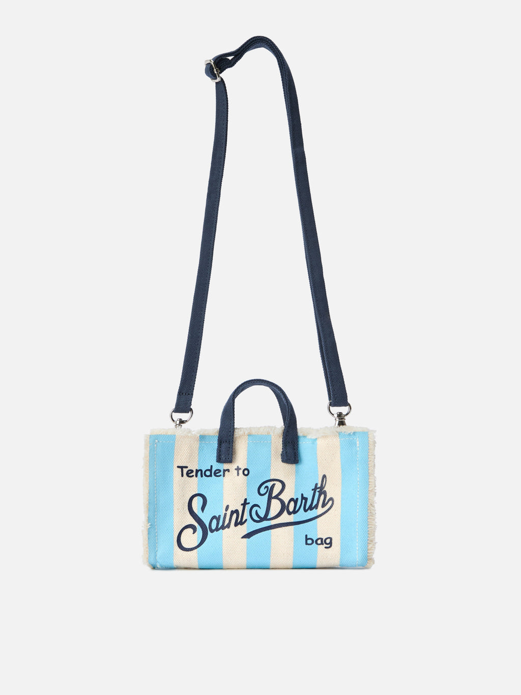 Borsa Phone micro in canvas a righe bianche e azzurre con logo a contrasto