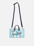 Borsa Phone micro in canvas a righe bianche e azzurre con logo a contrasto