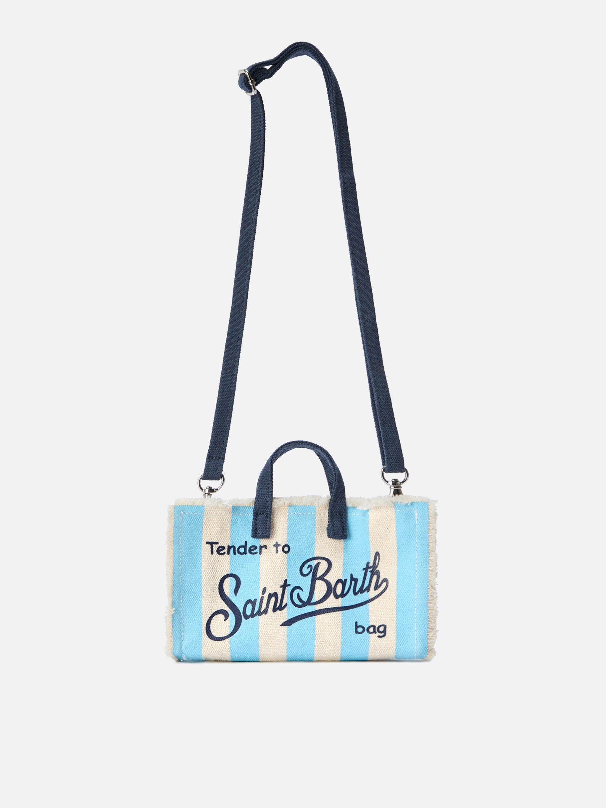 Borsa Phone micro in canvas a righe bianche e azzurre con logo a contrasto
