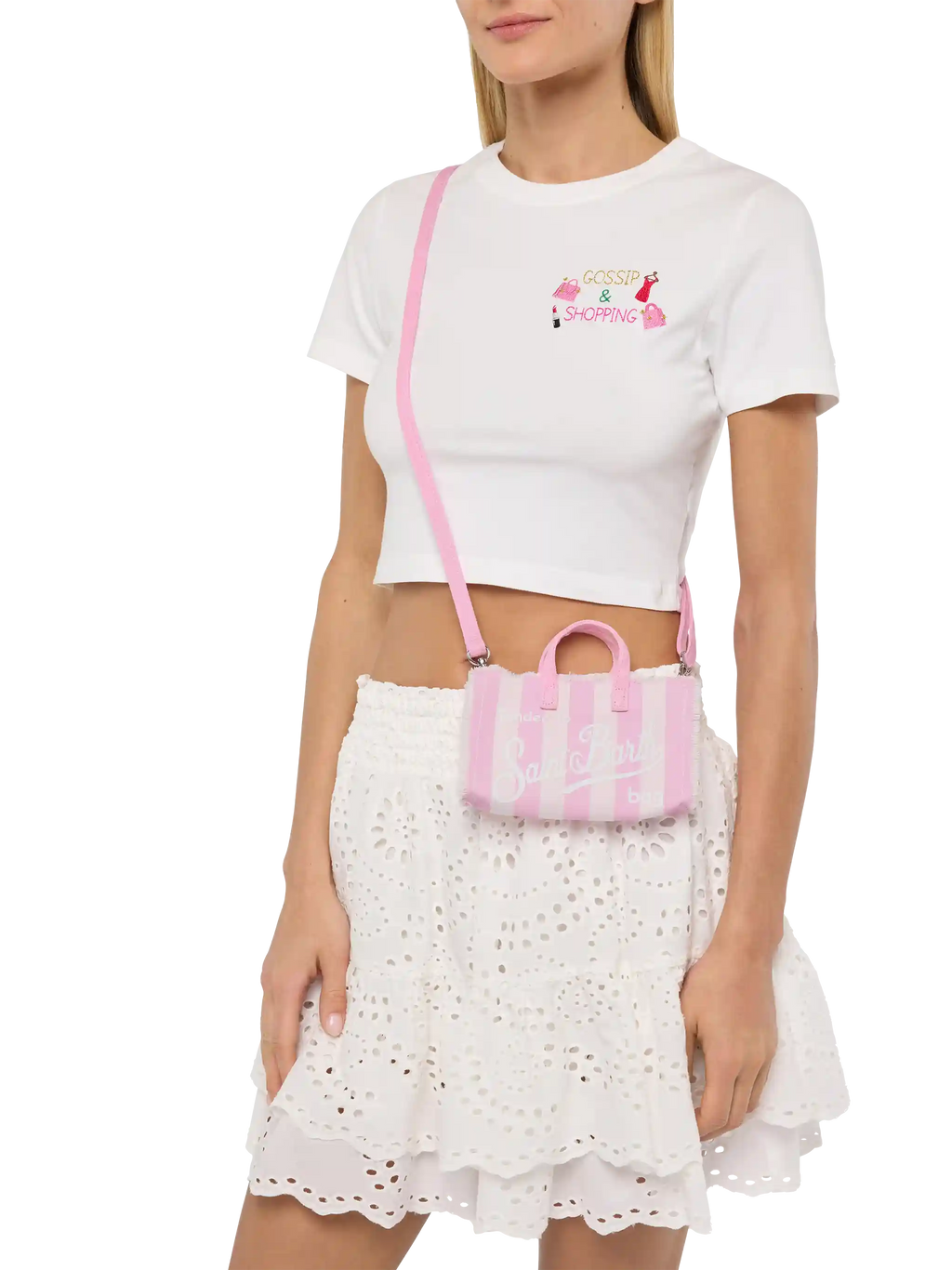 Phone Bag in canvas di cotone con stampa a righe rosa