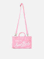 Borsa Phone micro in lino rosa tinta unita con logo a contrasto