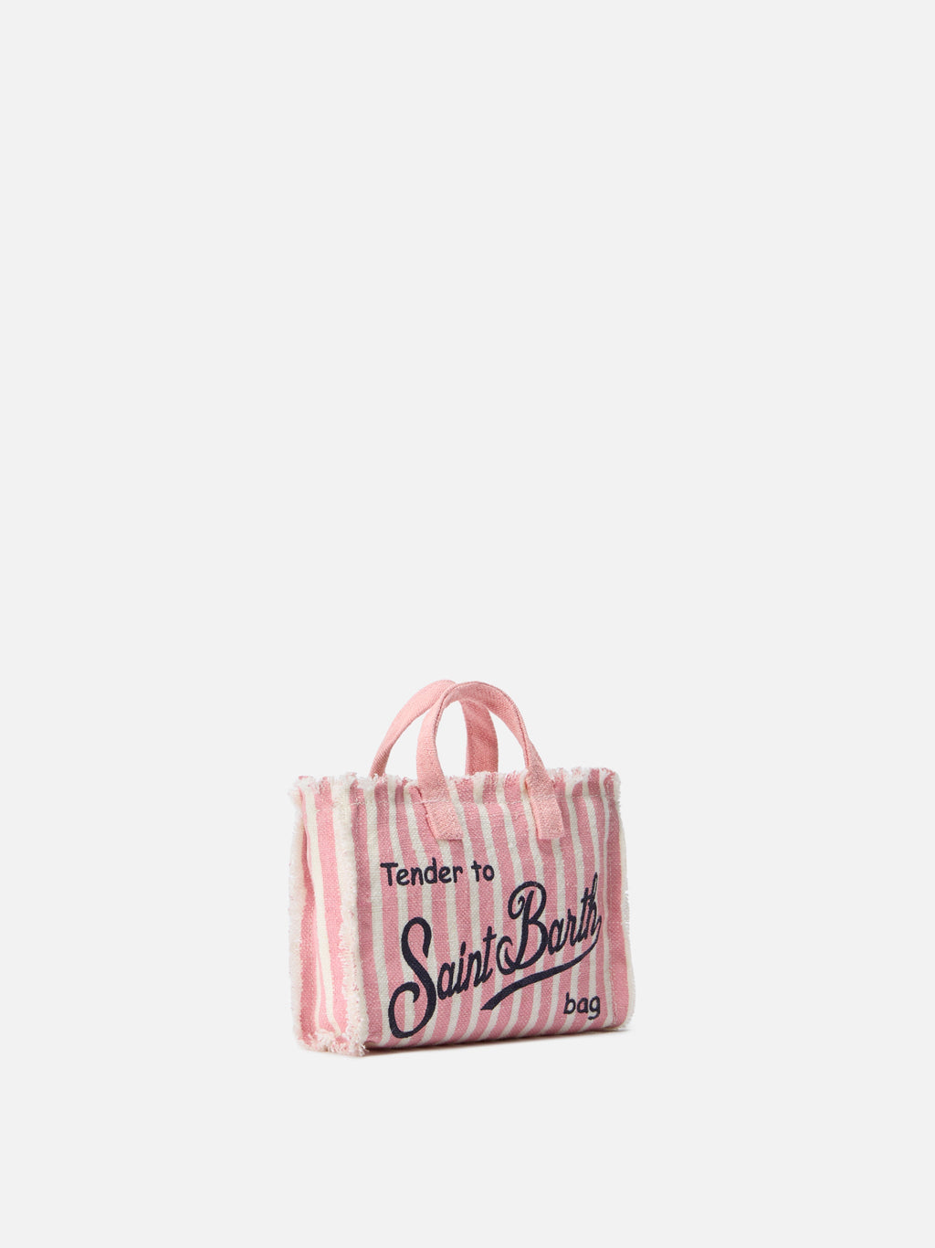 Borsa Phone micro in lino a righe rosa e bianche con logo a contrasto