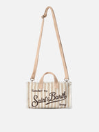 Borsa Phone micro in lino a righe beige e bianche con logo a contrasto