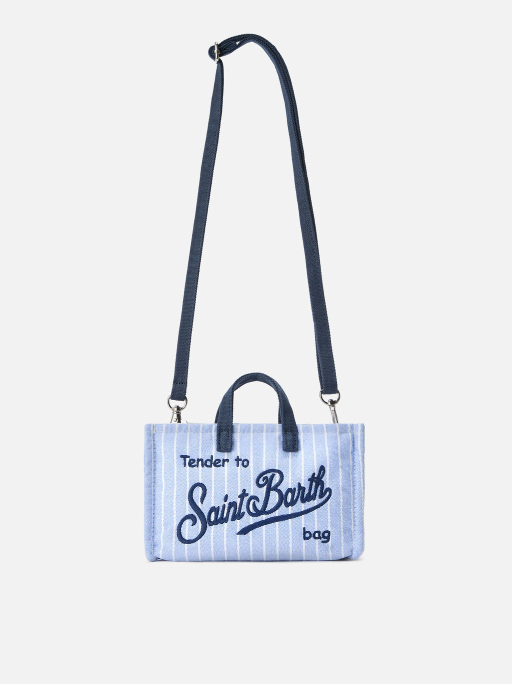 Borsa Phone micro in canvas a righe bianche e azzurre con logo a contrasto
