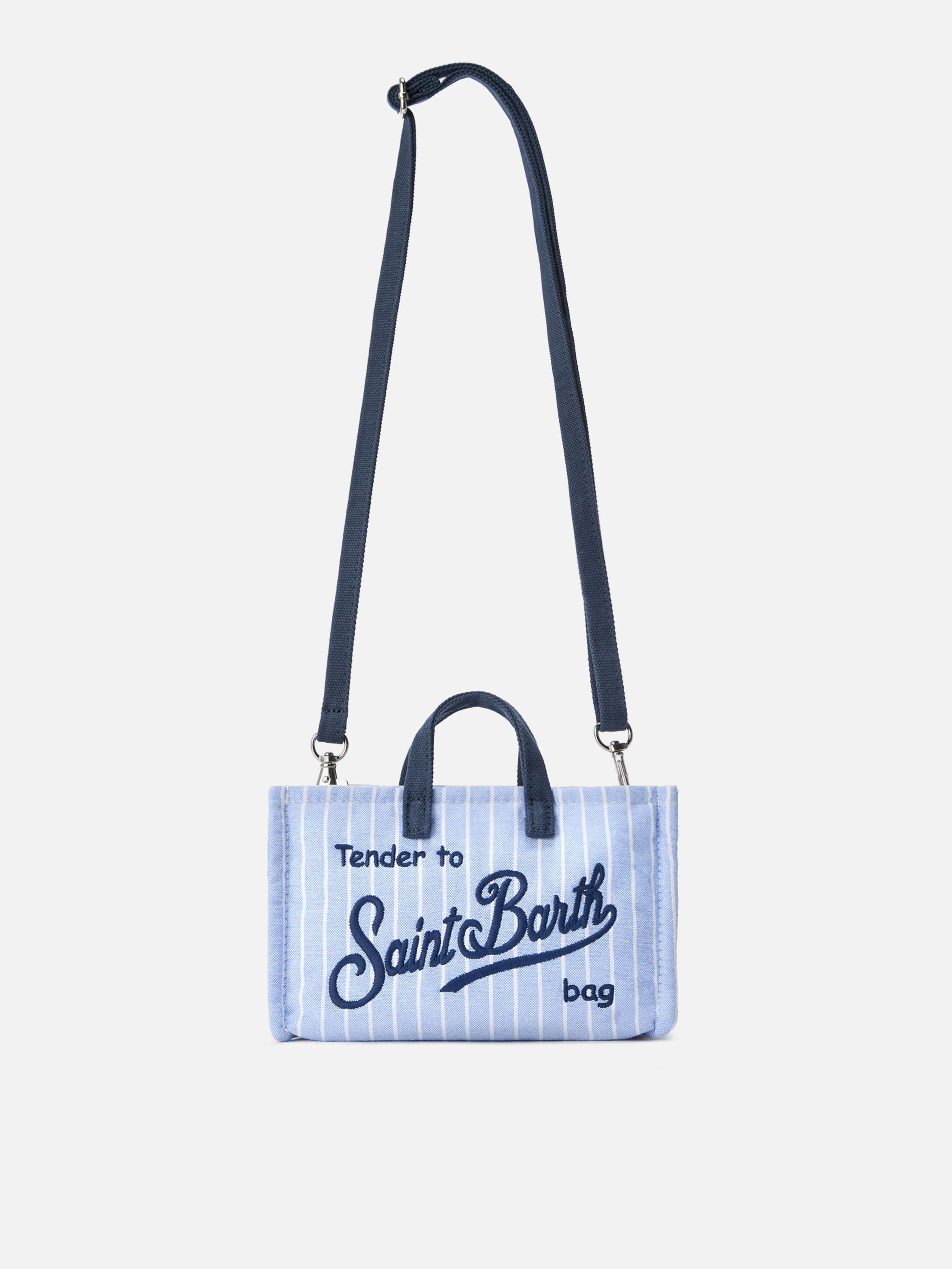 Borsa Phone micro in canvas a righe bianche e azzurre con logo a contrasto
