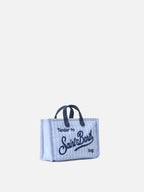 Borsa Phone micro in canvas a righe bianche e azzurre con logo a contrasto