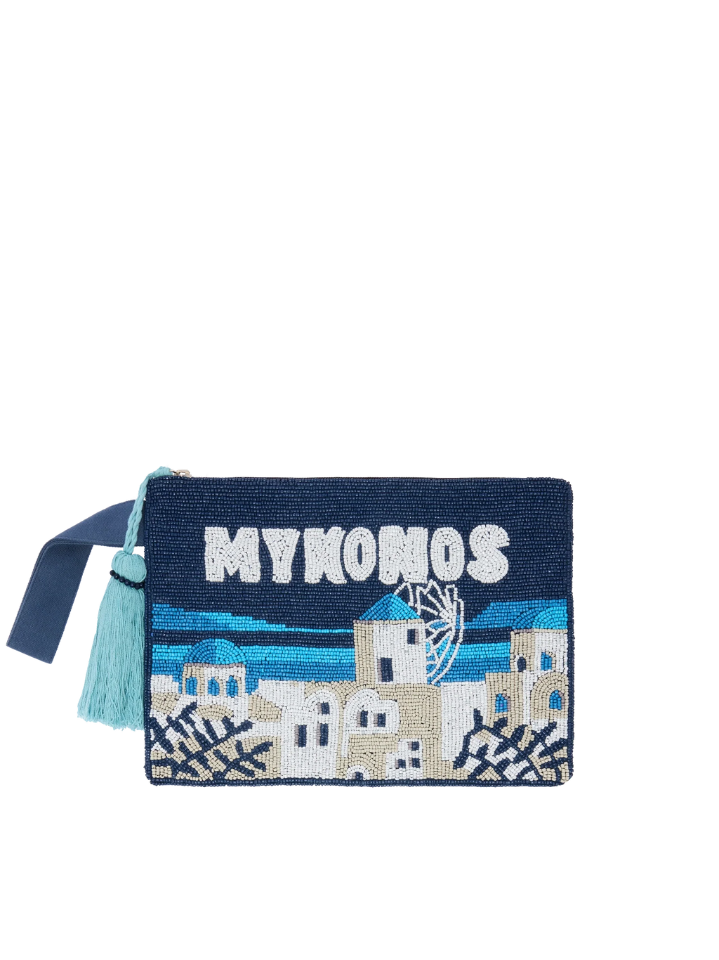 Pearl Pouch con design cartolina Mykonos  in perline