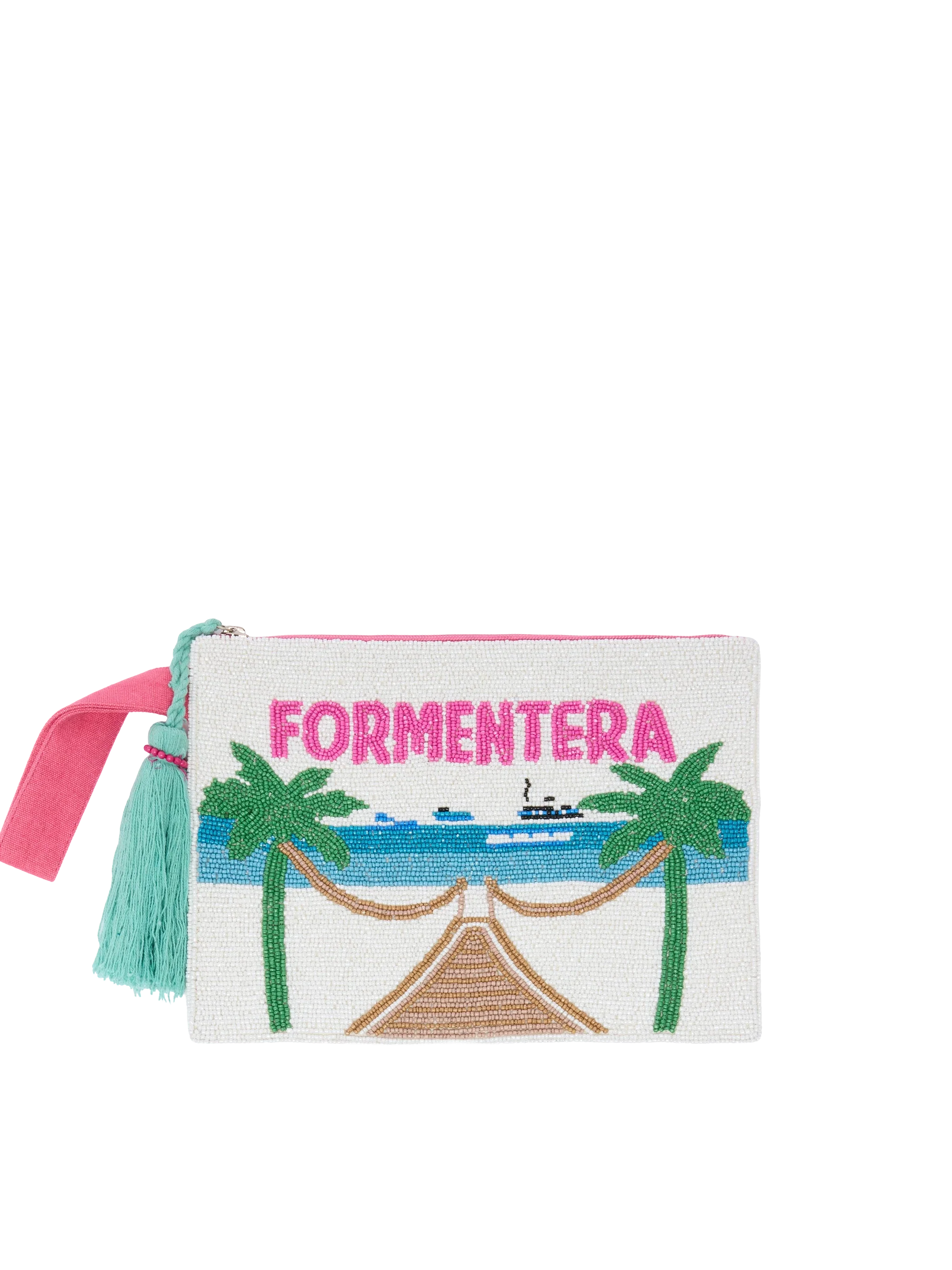 Pearl Pouch con design cartolina Formentera  in perline