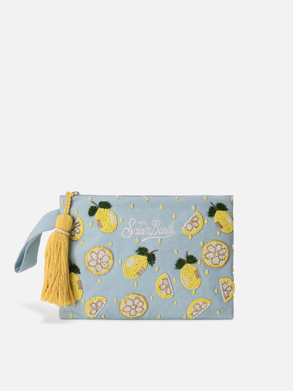 Pouch Pearl azzurra con limoni in perline