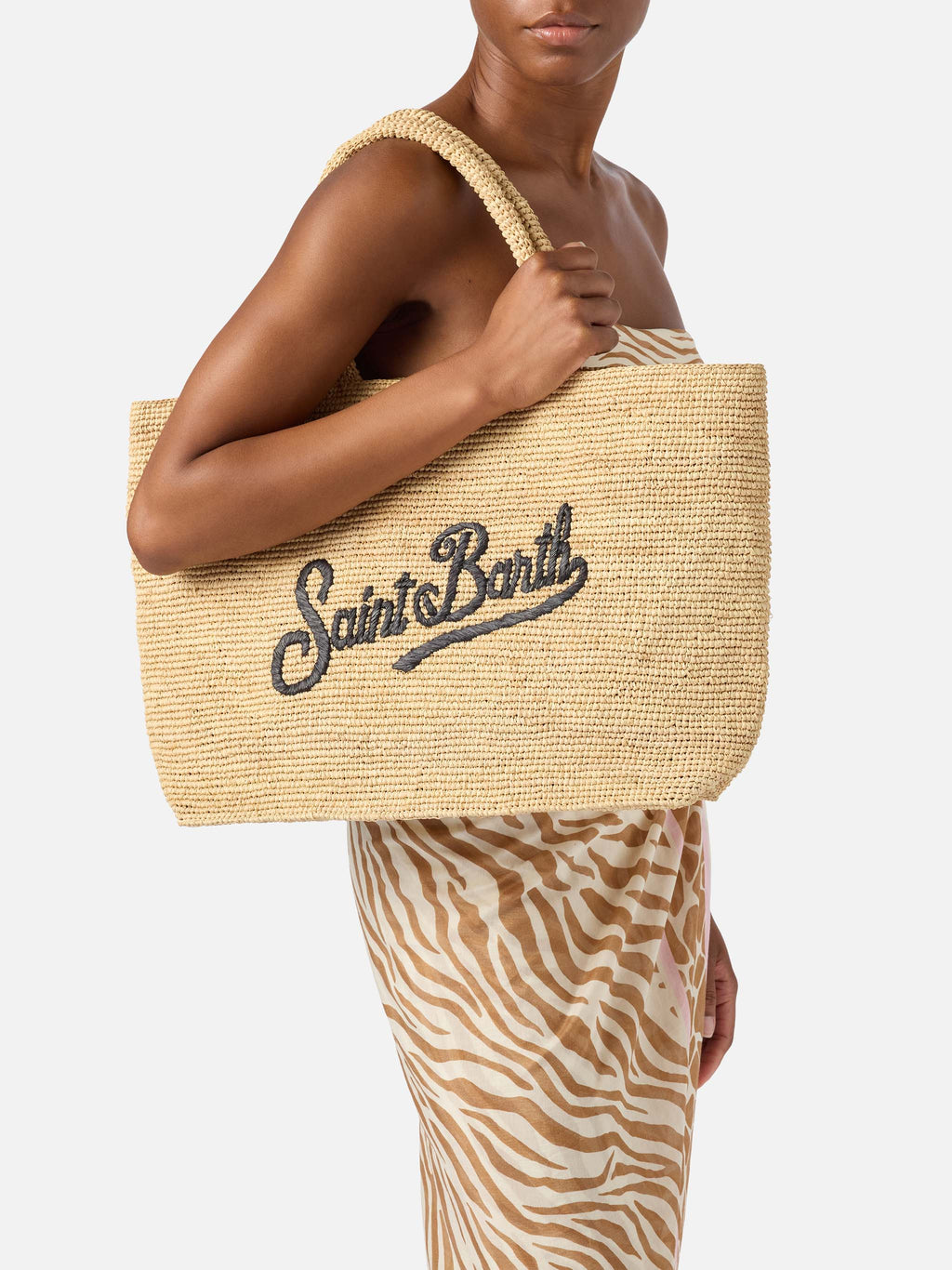 Borsa Beach in raffia con logo ricamato a contrasto nero