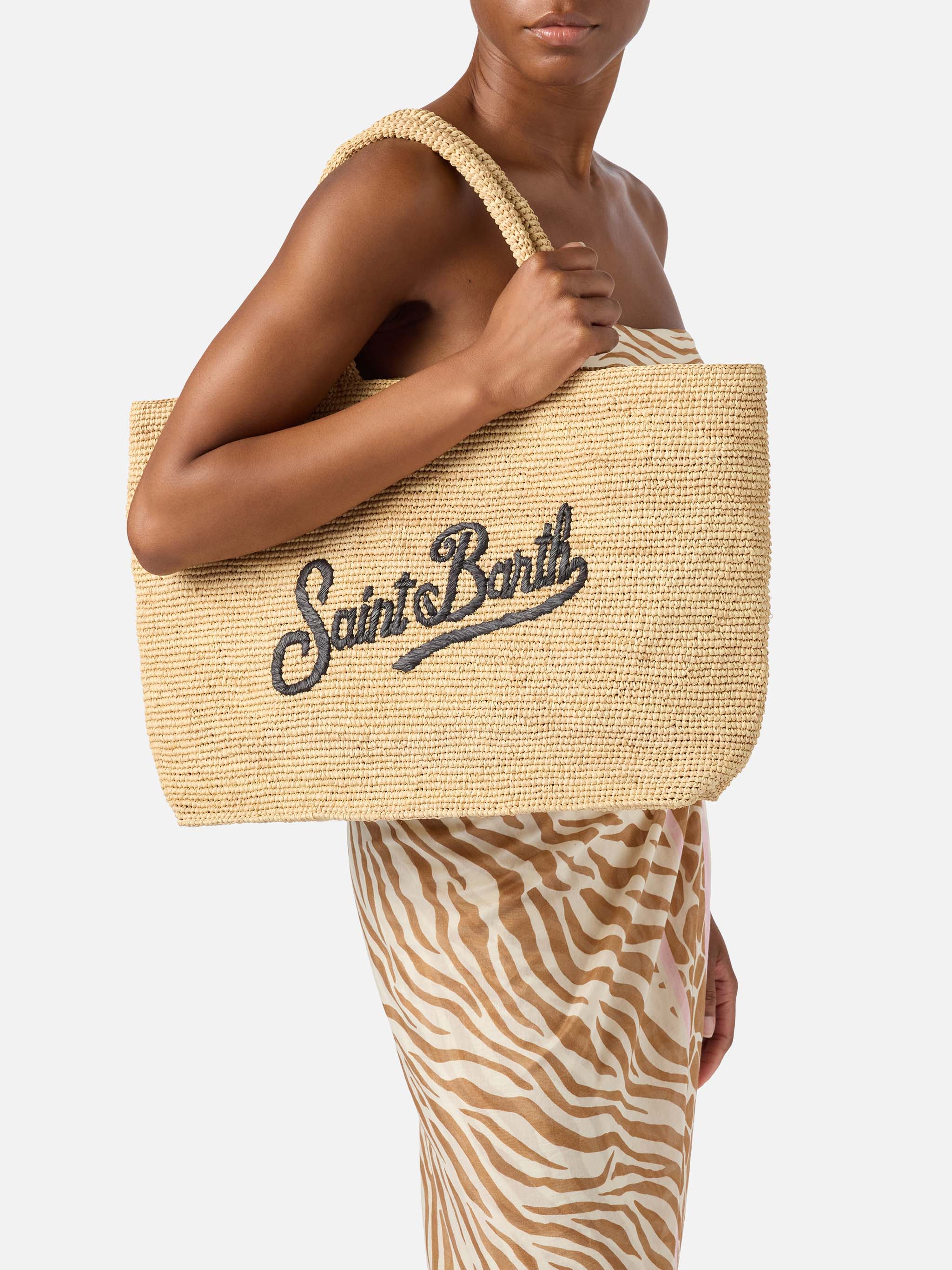Borsa Beach in raffia con logo ricamato a contrasto nero