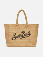 Borsa Beach in raffia con logo ricamato a contrasto nero