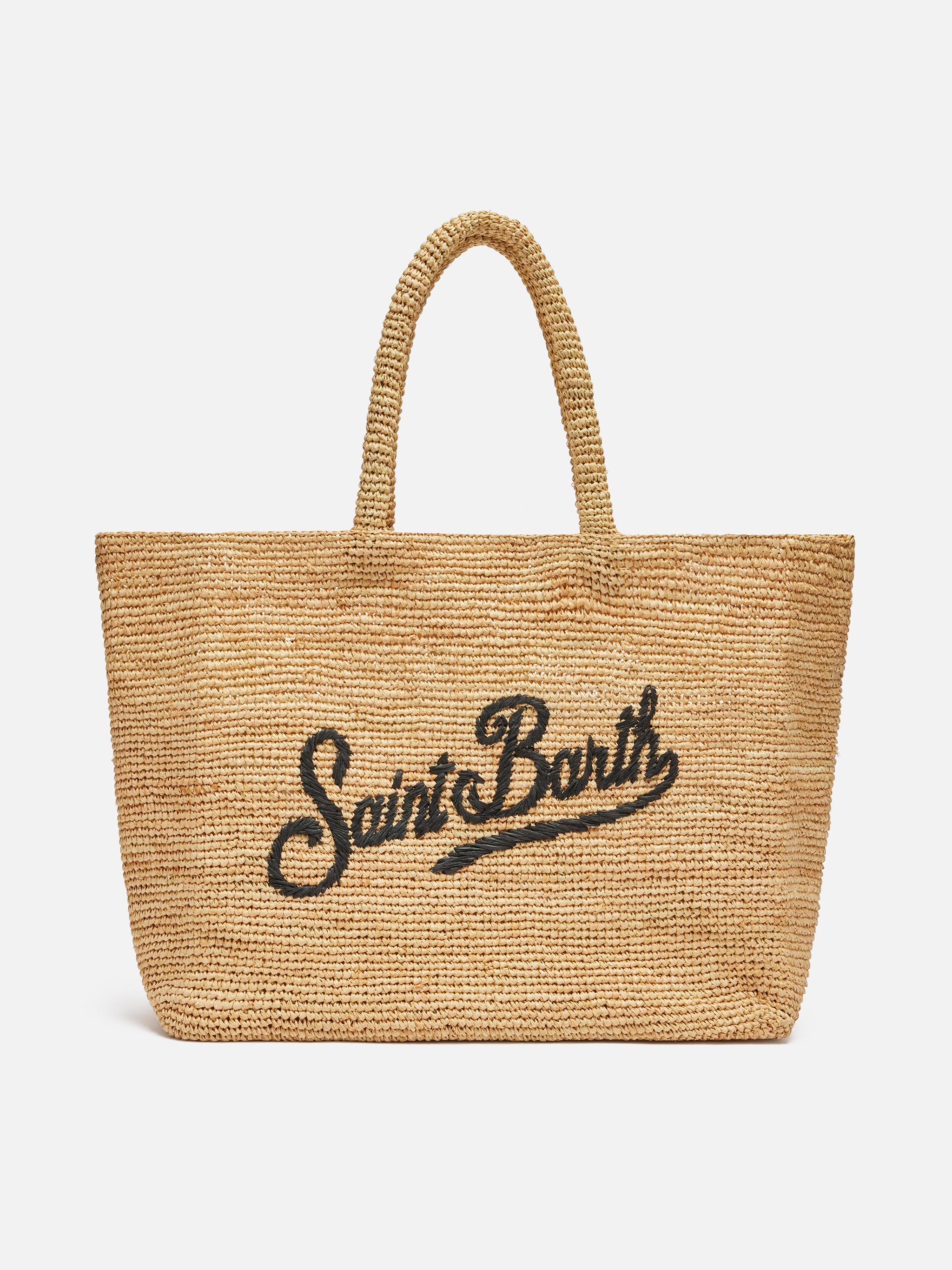 Borsa Beach in raffia con logo ricamato a contrasto nero