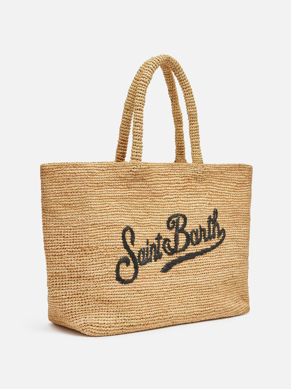 Borsa Beach in raffia con logo ricamato a contrasto nero