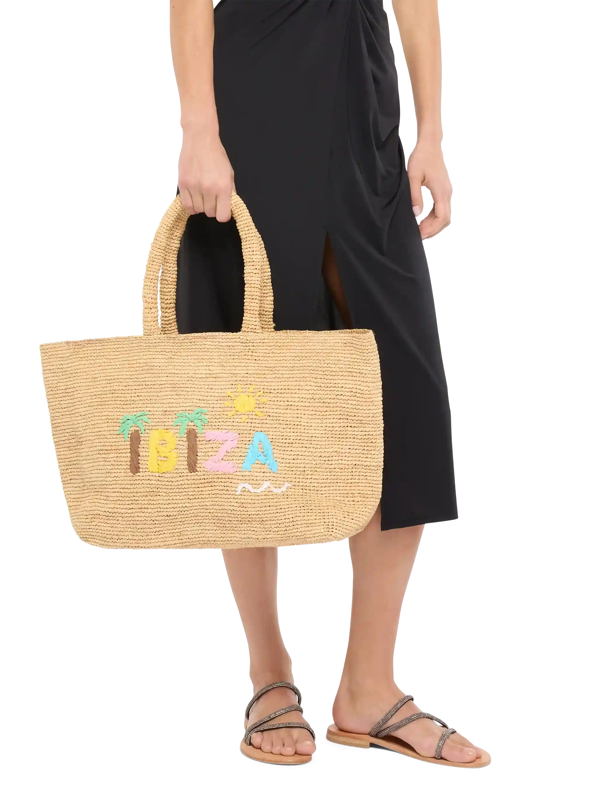 Rafia Beach Bag beige con pochette interna in cotone e ricamo Ibiza