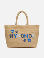 Rafia Beach Bag beige con pochette interna in cotone e ricamo Mykonos