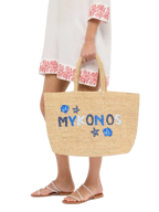 Rafia Beach Bag beige con pochette interna in cotone e ricamo Mykonos