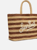 Borsa Beach in raffia a righe marroni con logo ricamato