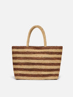 Borsa Beach in raffia a righe marroni con logo ricamato