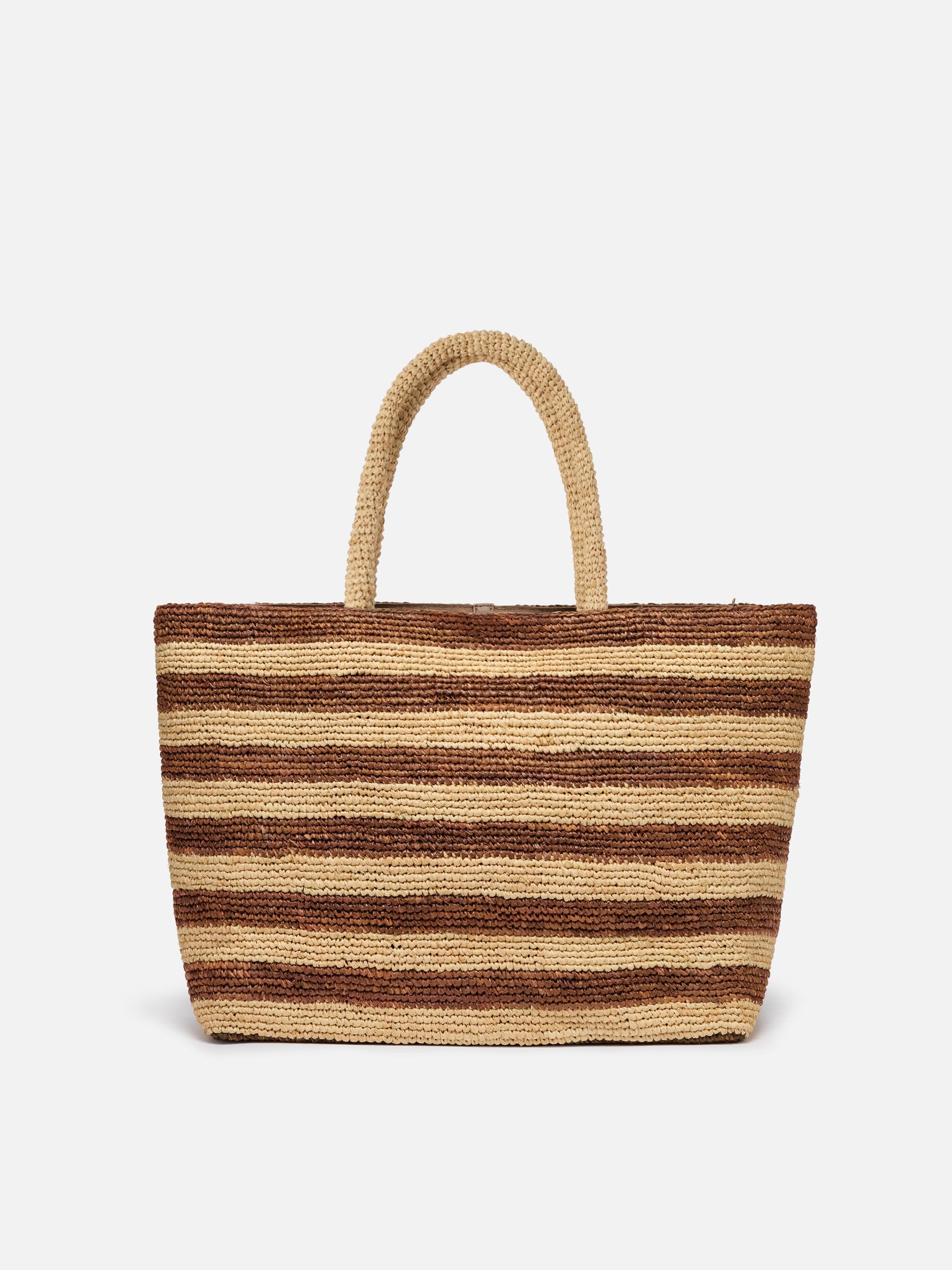 Borsa Beach in raffia a righe marroni con logo ricamato