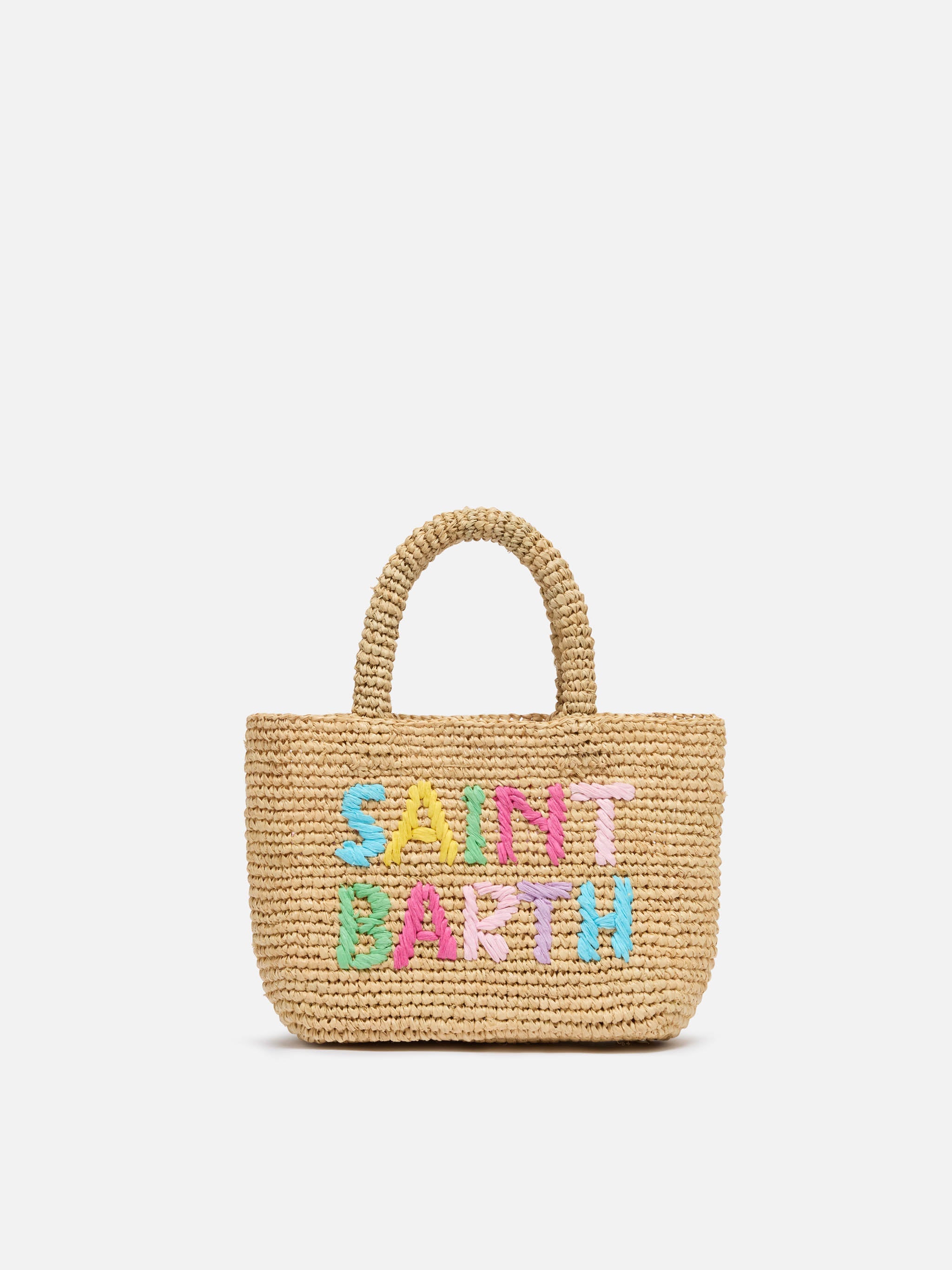 Borsa Beach mini in raffia con logo ricamato multicolor