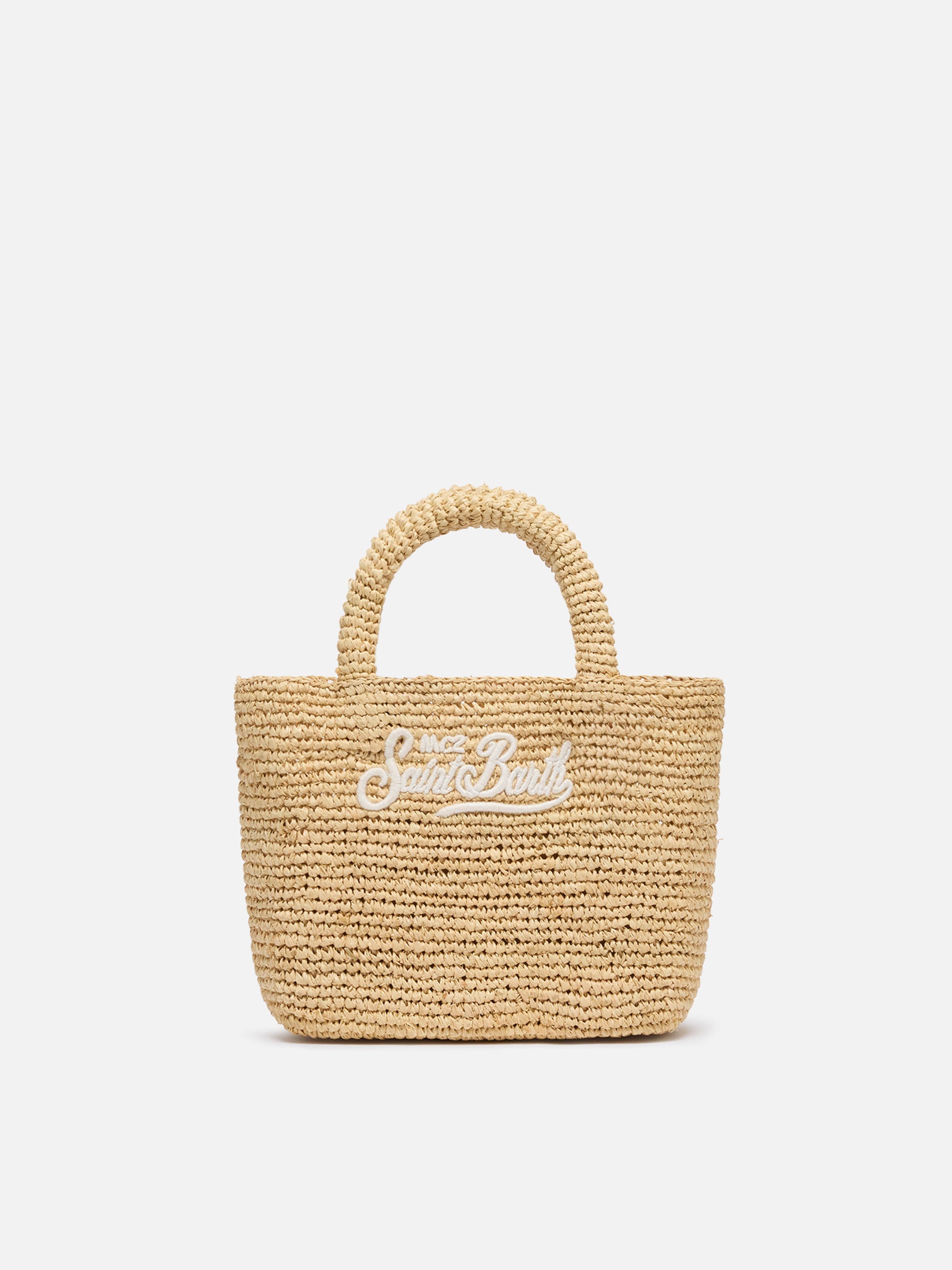Borsa Beach mini in raffia con logo ricamato