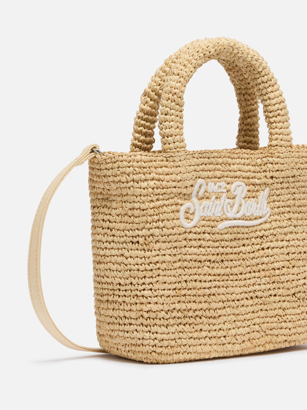 Borsa Beach mini in raffia con logo ricamato