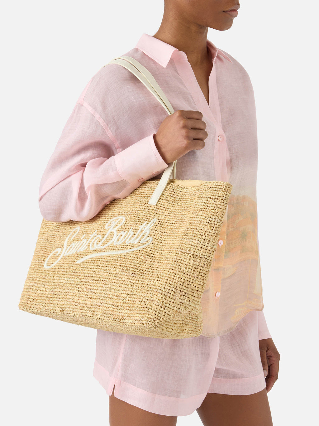Borsa City in raffia con logo avorio ricamato a contrasto