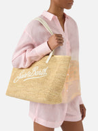 Borsa City in raffia con logo avorio ricamato a contrasto