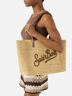 Borsa City in raffia con manici in vera pelle e logo ricamato