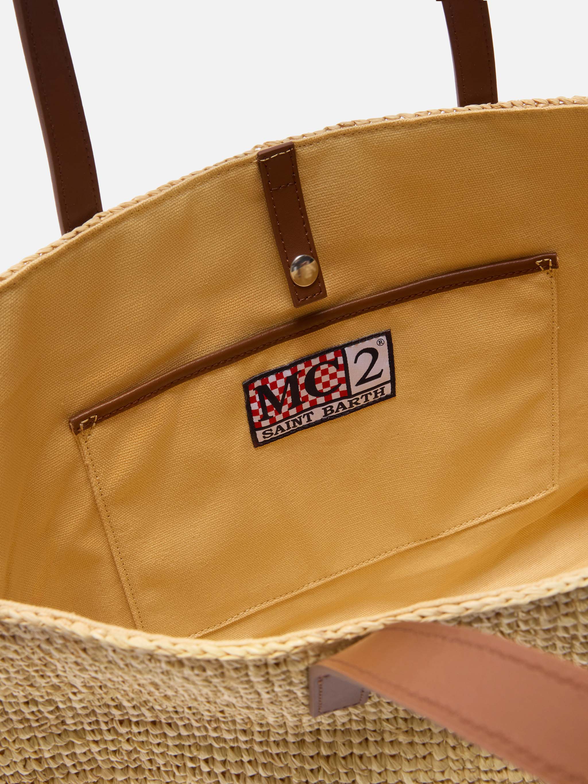 Borsa City in raffia con manici in vera pelle e logo ricamato