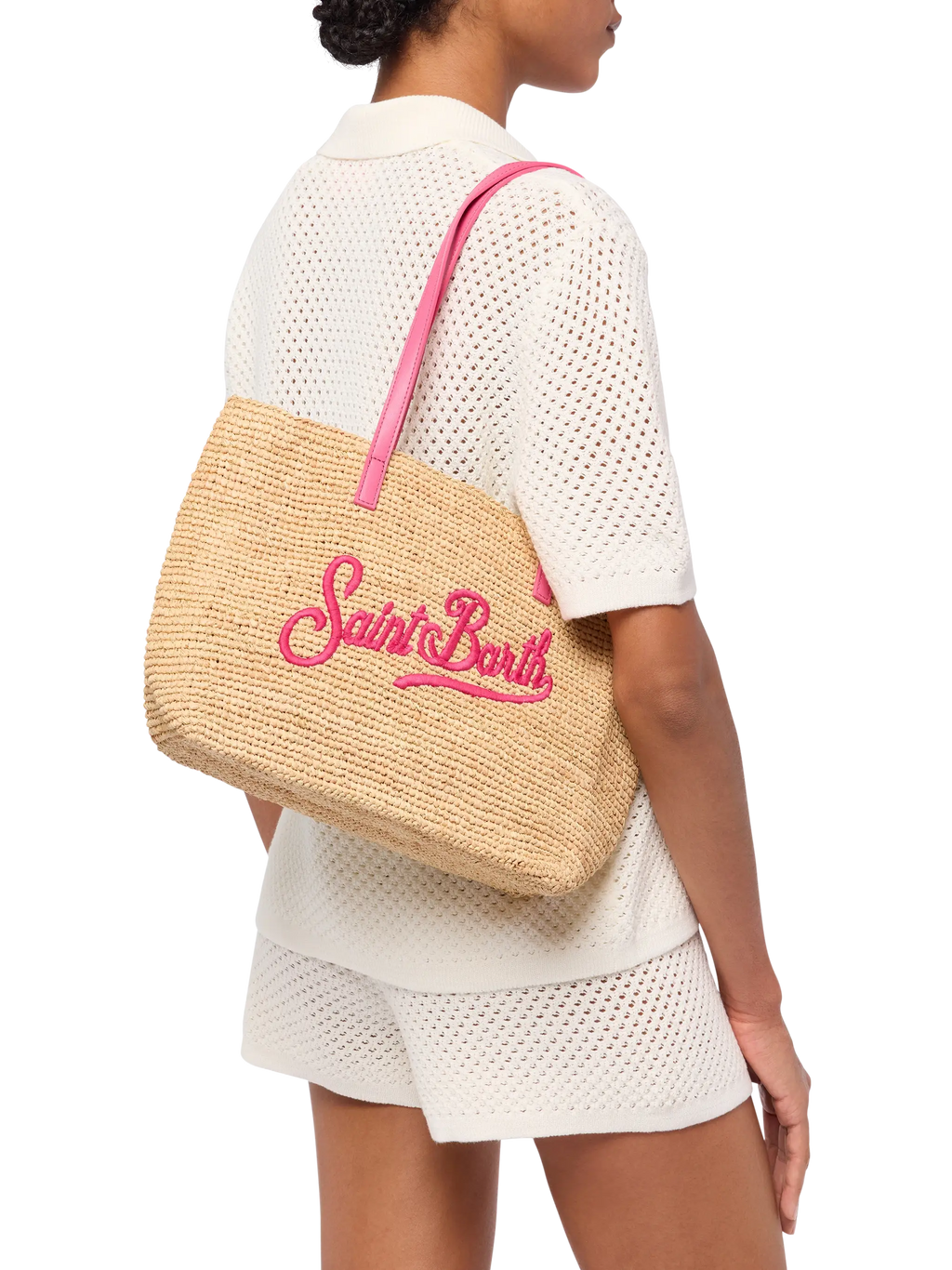 Rafia City Mid Bag beige con logo Saint Barth ricamato