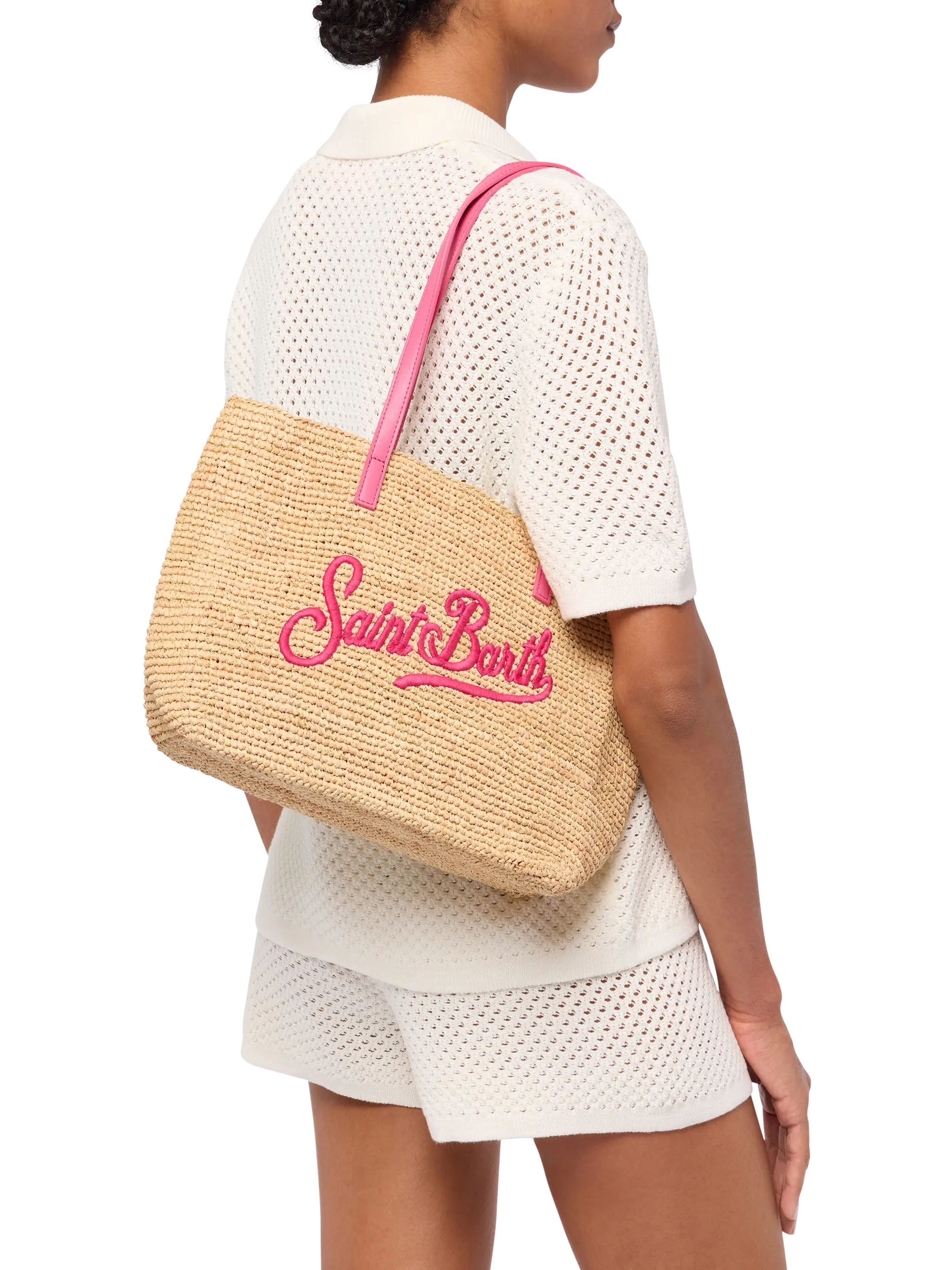 Rafia City Mid Bag beige con logo Saint Barth ricamato