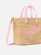 Borsa City mini in raffia con logo rosa ricamato a contrasto