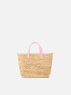 Borsa City mini in raffia con logo rosa ricamato a contrasto