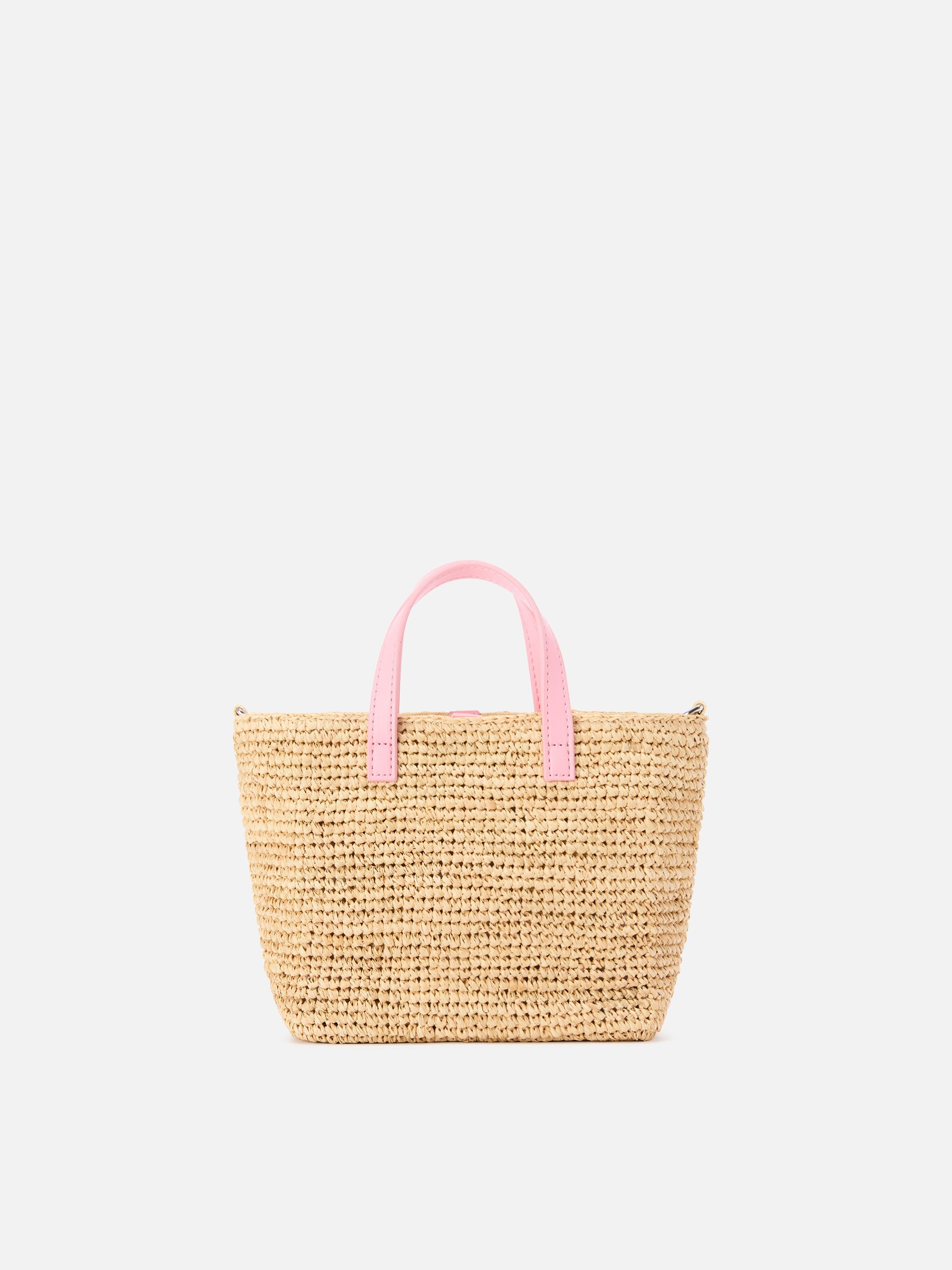 Borsa City mini in raffia con logo rosa ricamato a contrasto
