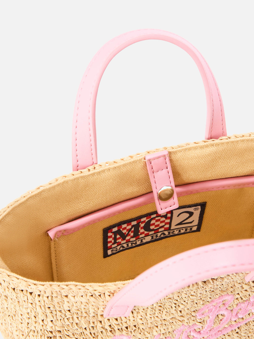 Borsa City mini in raffia con logo rosa ricamato a contrasto