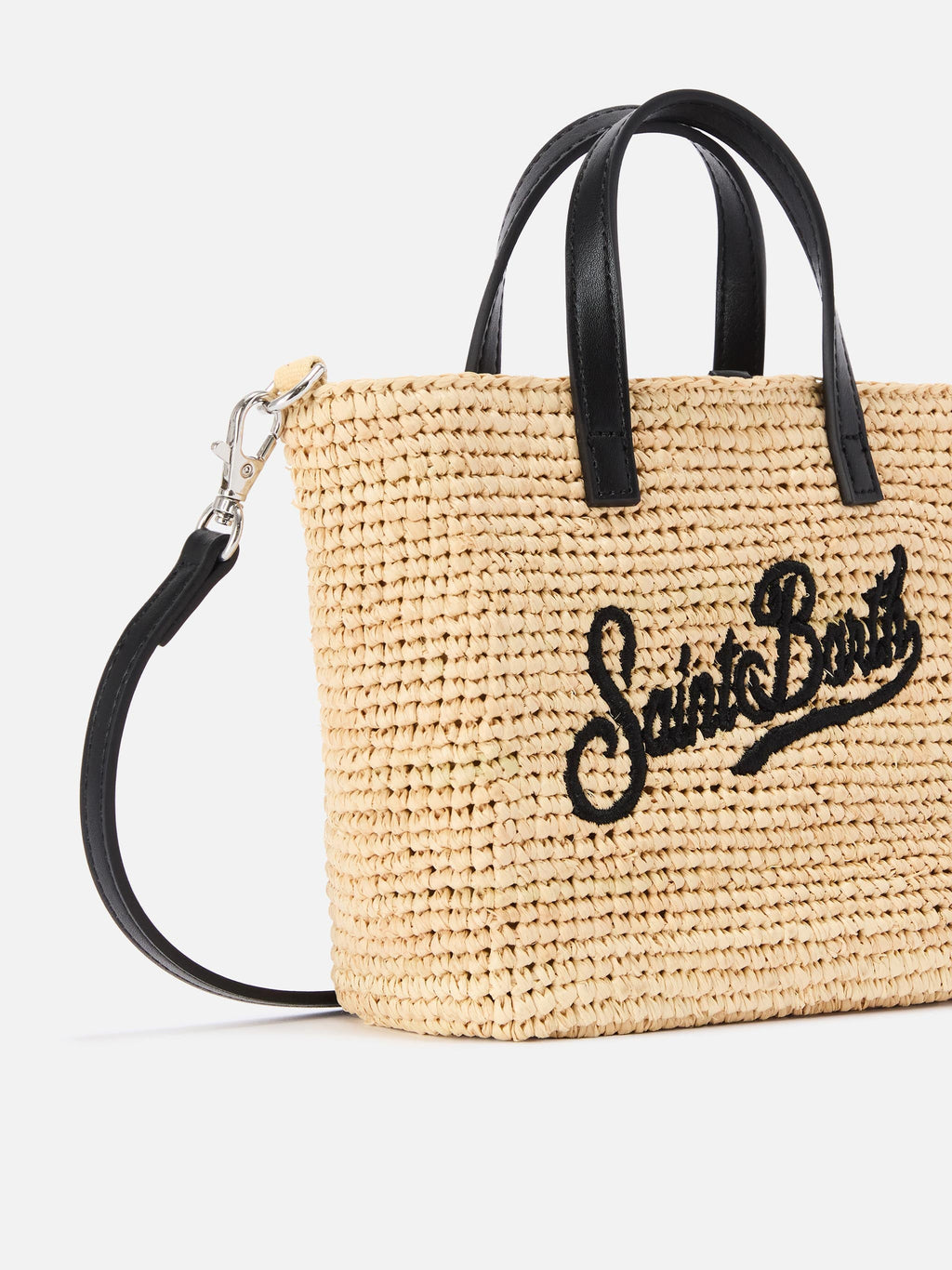 Borsa City mini in raffia con logo nero ricamato a contrasto