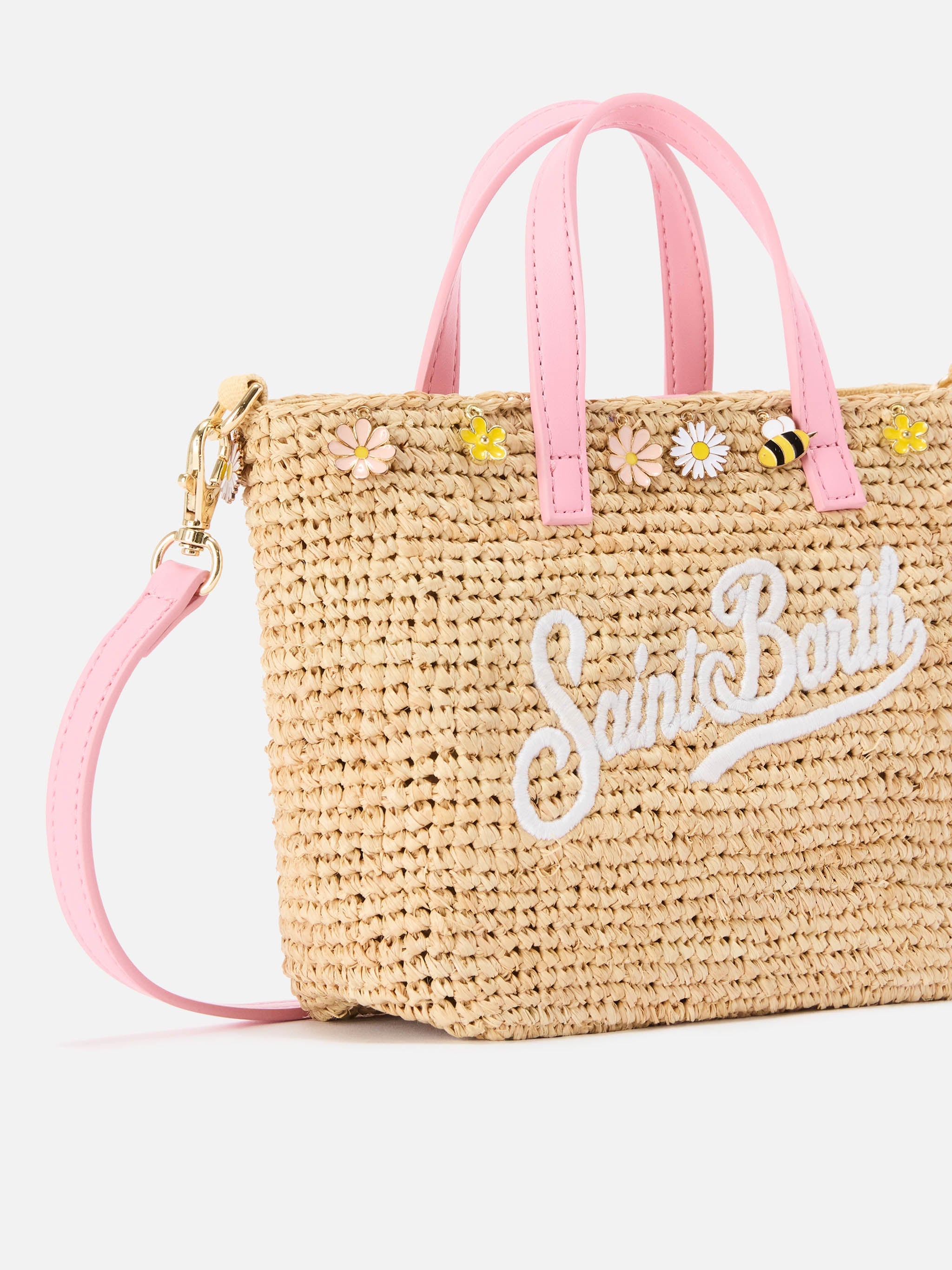 Borsa City mini in raffia con charms applicati e logo ricamato