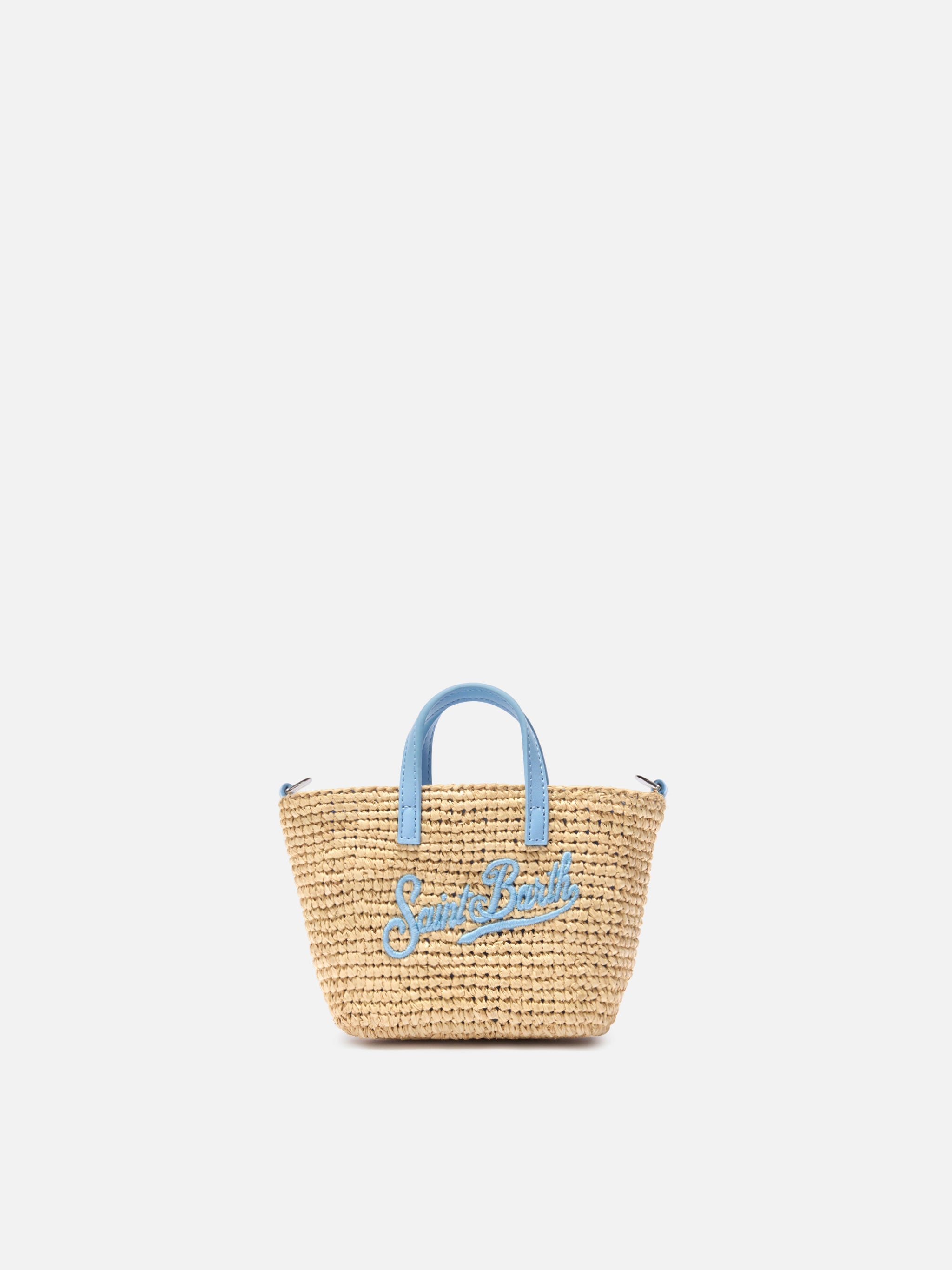 Borsa City micro in raffia con logo azzurro ricamato a contrasto