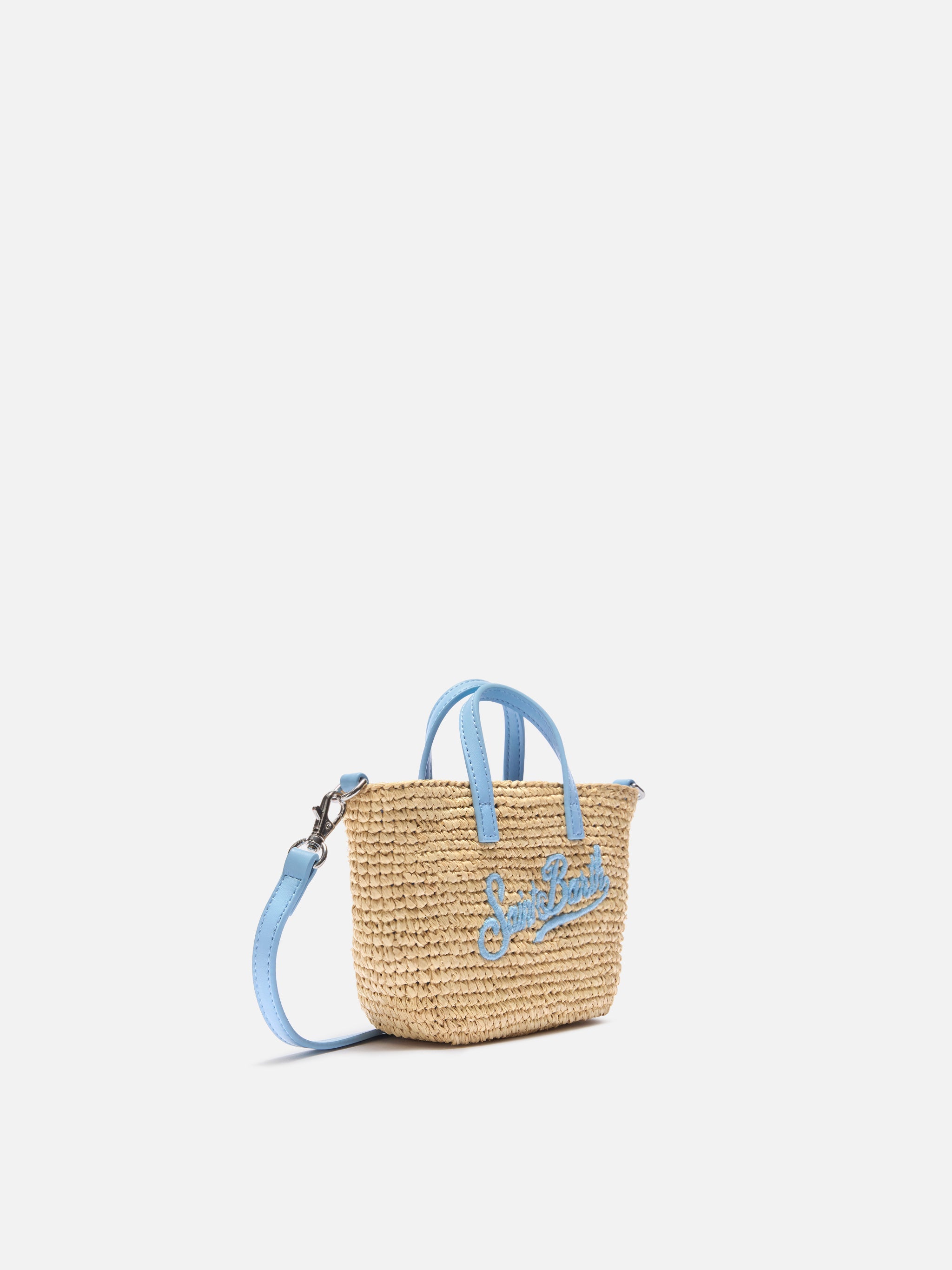 Borsa City micro in raffia con logo azzurro ricamato a contrasto