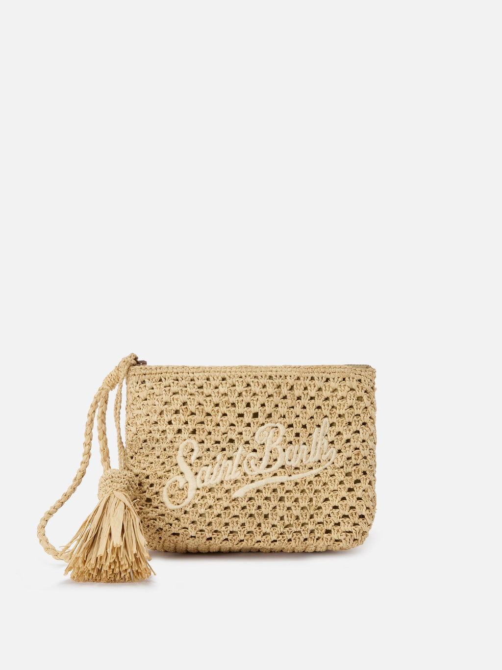 Pouch in rafia intrecciata naturale con logo ricamato