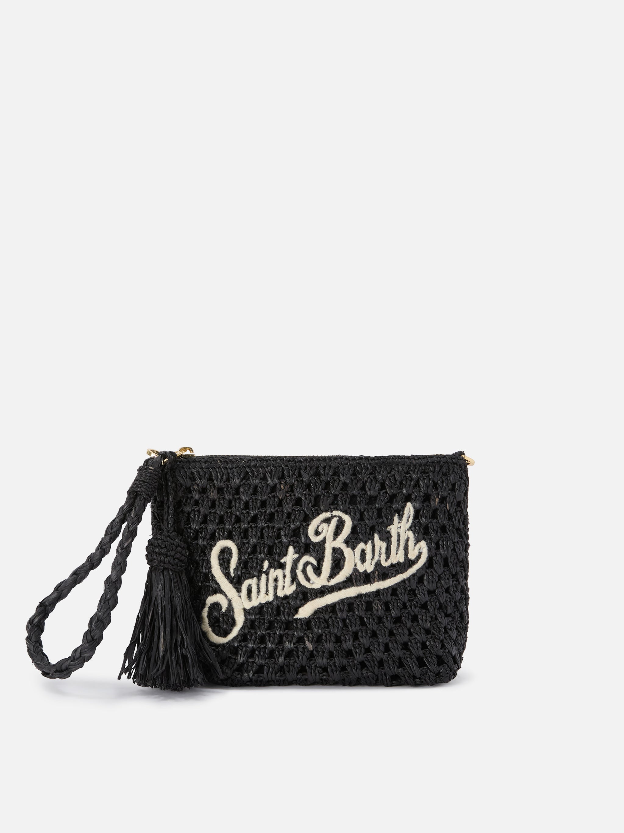 Pouch in rafia intrecciata nera con logo ricamato