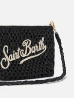 Pouch in rafia intrecciata nera con logo ricamato