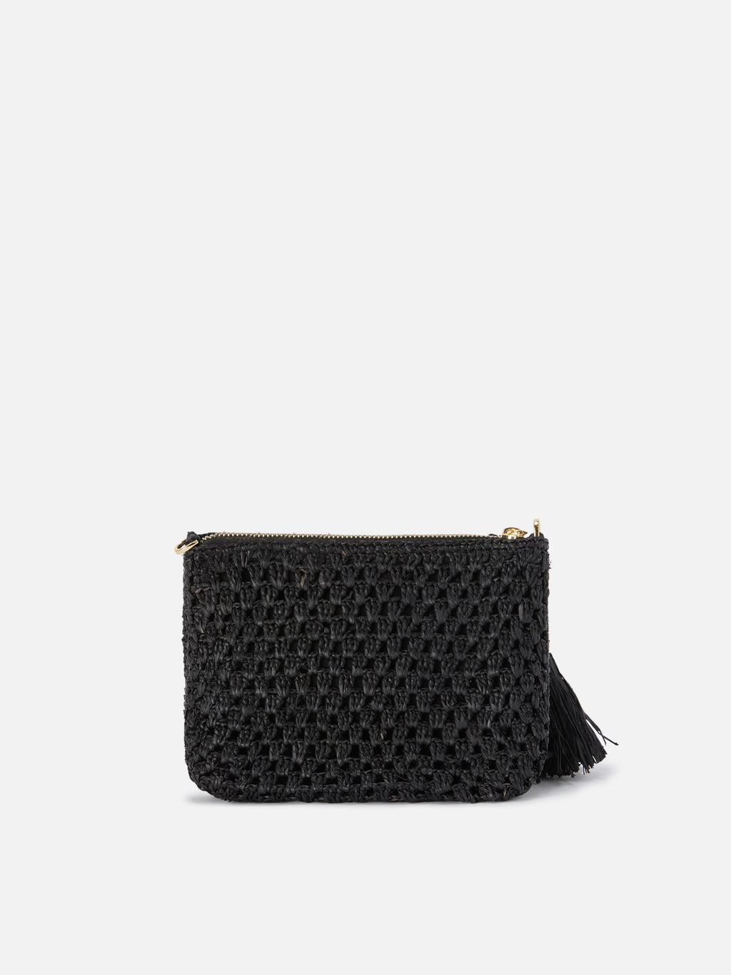 Pouch in rafia intrecciata nera con logo ricamato