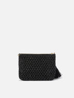 Pouch in rafia intrecciata nera con logo ricamato