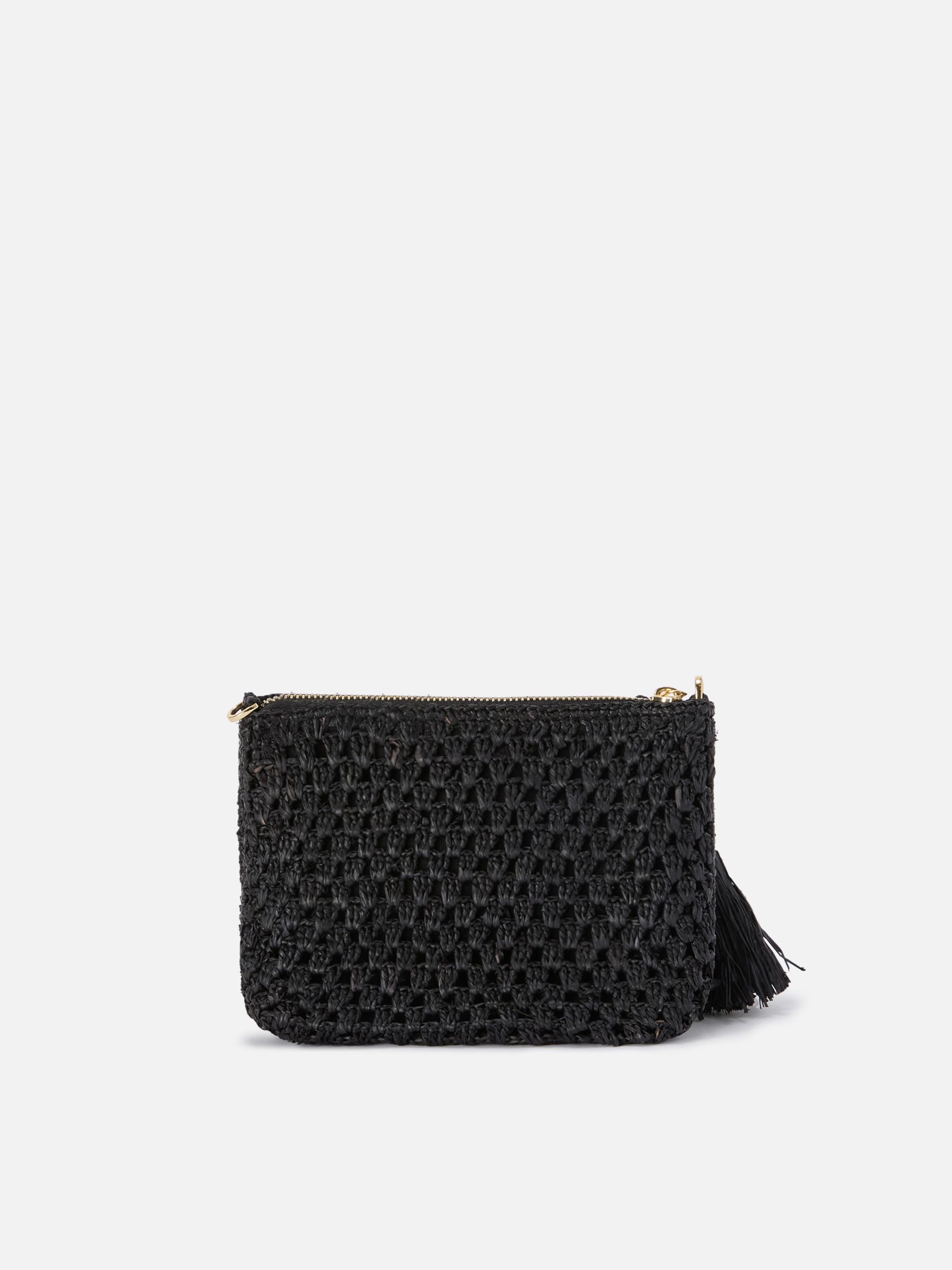 Pouch in rafia intrecciata nera con logo ricamato